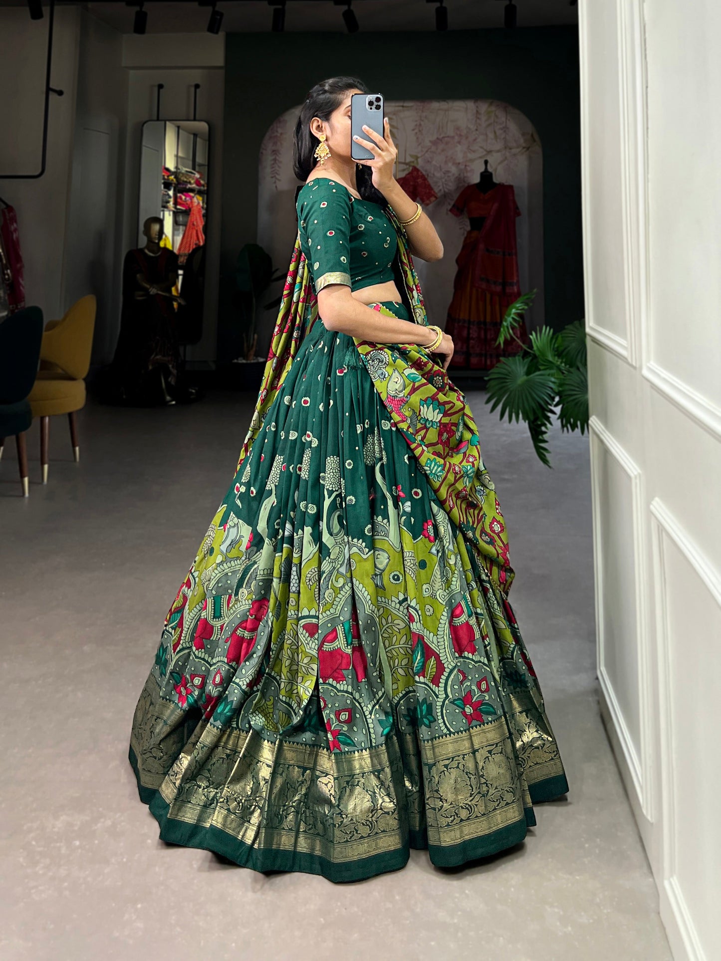 Lorenvalley Green Tussar Silk Kalamkari Print with Foil Work Border Lehenga Choli with Dupatta | Swadesiicart