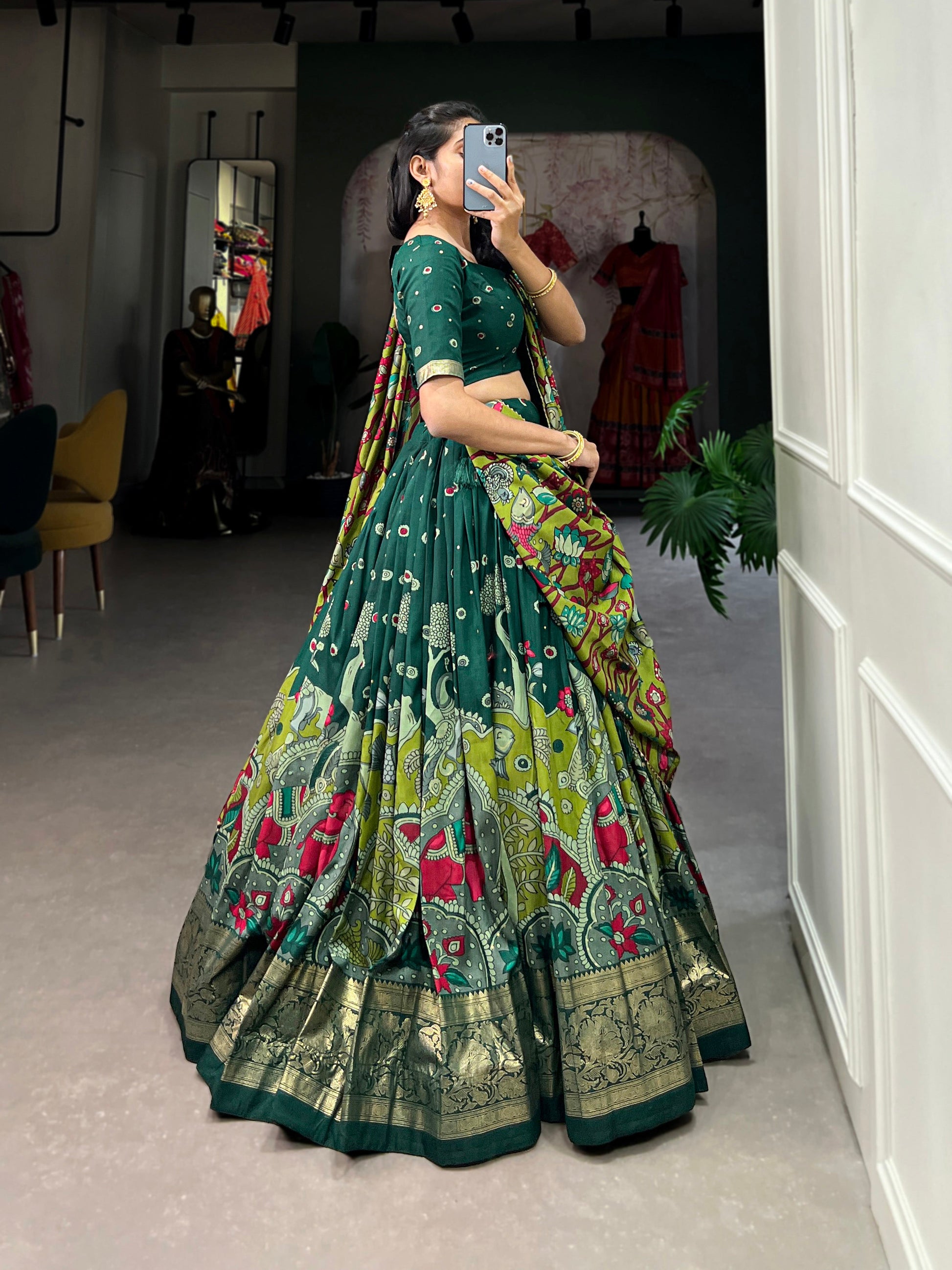 Lorenvalley Green Tussar Silk Kalamkari Print with Foil Work Border Lehenga Choli with Dupatta | Swadesiicart
