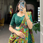 Lorenvalley Green Tussar Silk Kalamkari Print with Foil Work Border Lehenga Choli with Dupatta | Swadesiicart