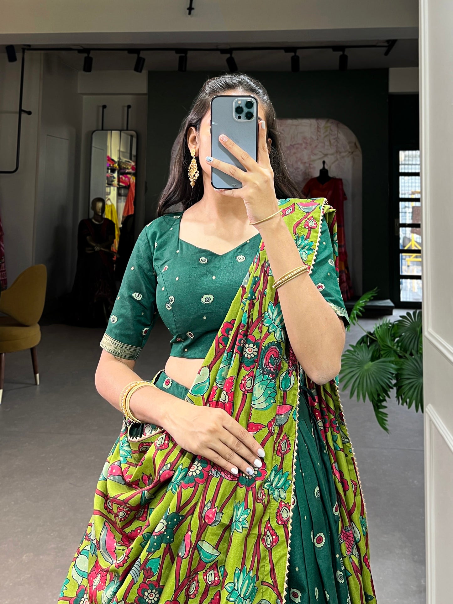 Lorenvalley Green Tussar Silk Kalamkari Print with Foil Work Border Lehenga Choli with Dupatta | Swadesiicart
