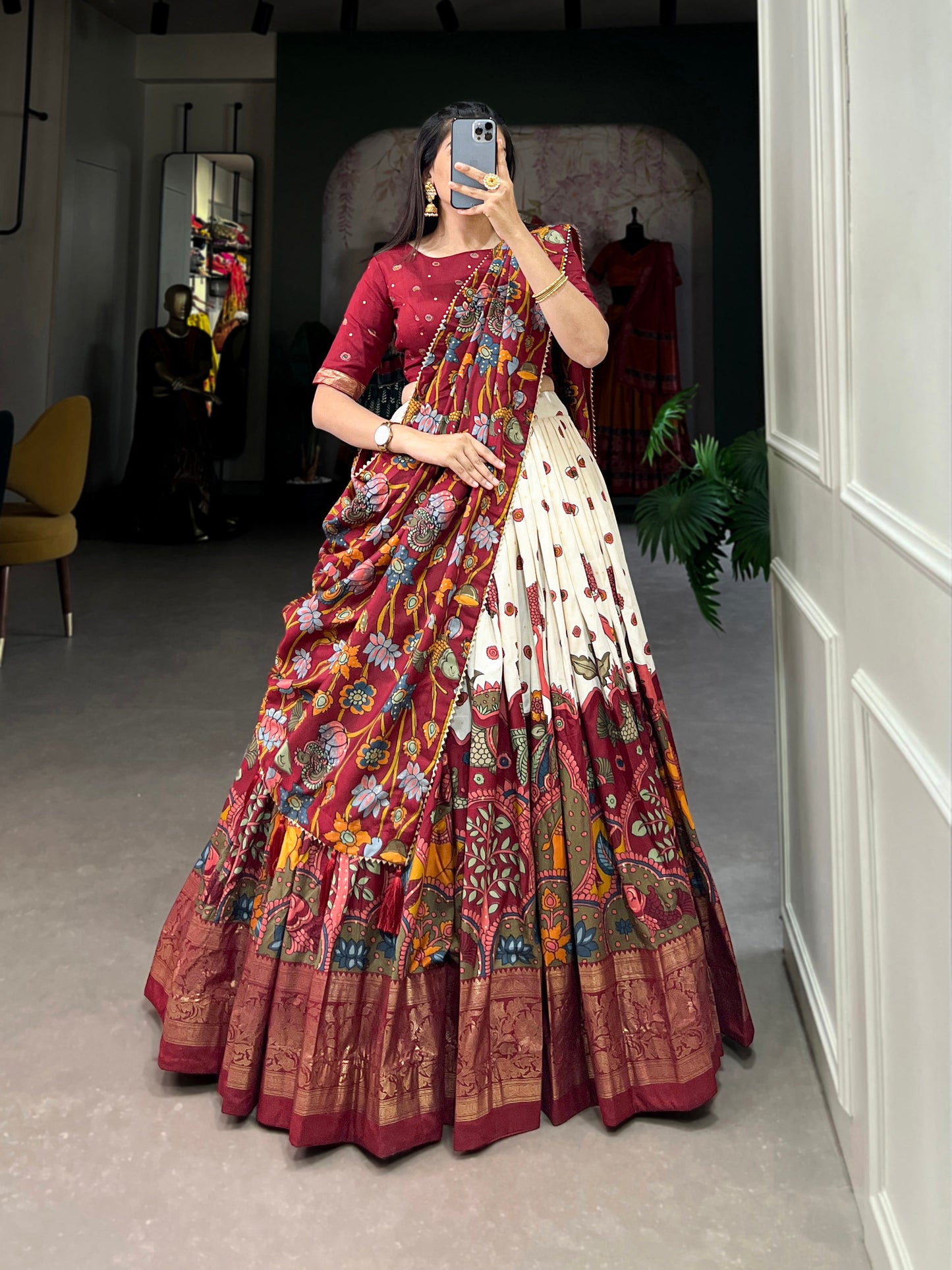 Lorenvalley Off White Tussar Silk Kalamkari Print with Foil Work Border Lehenga Choli with Dupatta | Swadesiicart