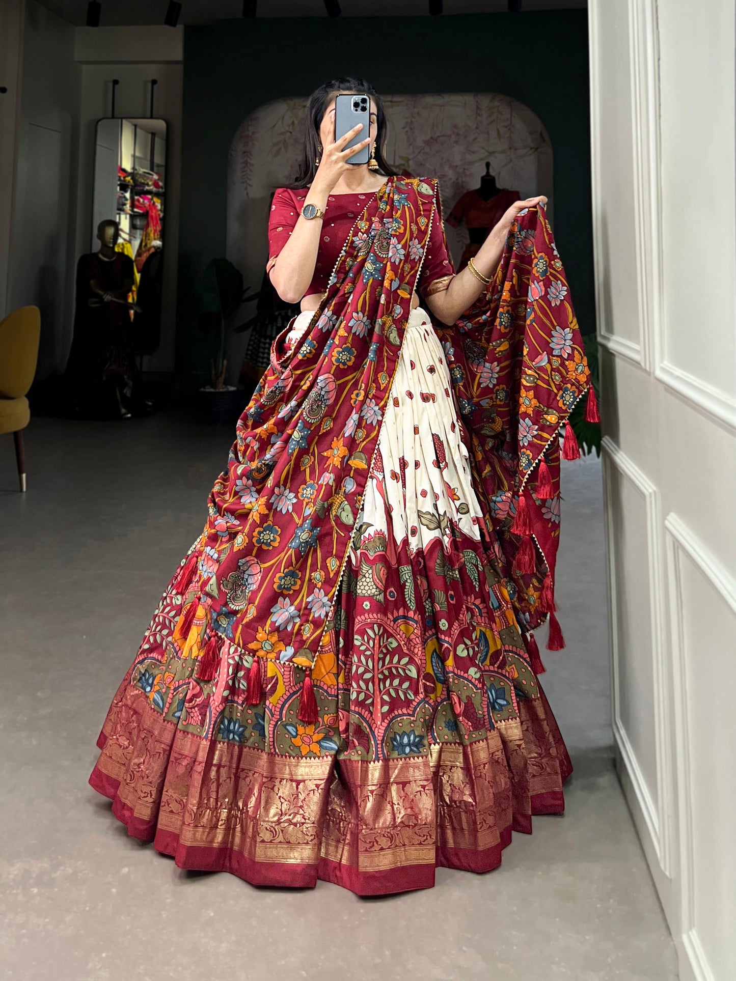 Lorenvalley Off White Tussar Silk Kalamkari Print with Foil Work Border Lehenga Choli with Dupatta | Swadesiicart