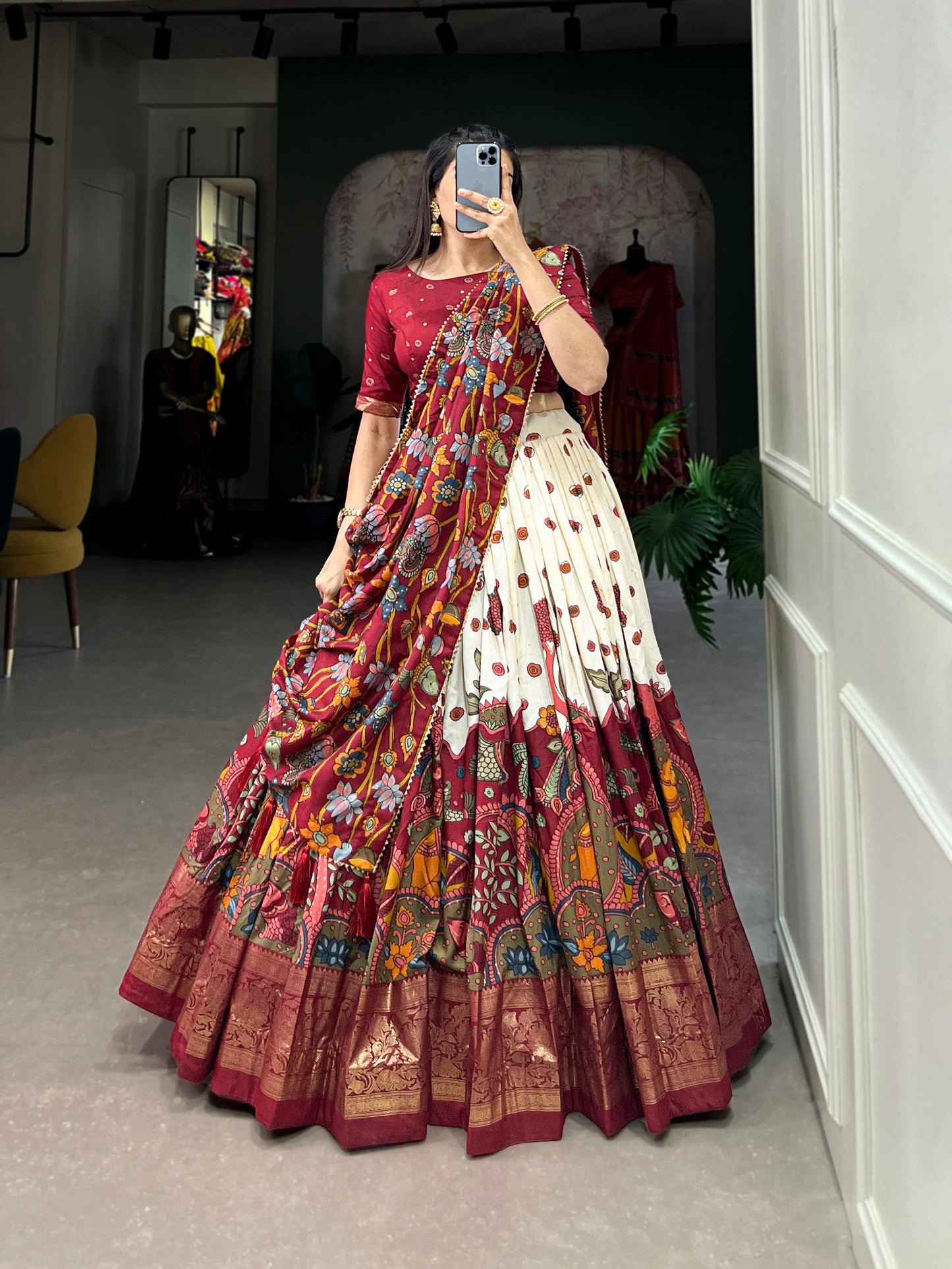 Lorenvalley Off White Tussar Silk Kalamkari Print with Foil Work Border Lehenga Choli with Dupatta | Swadesiicart