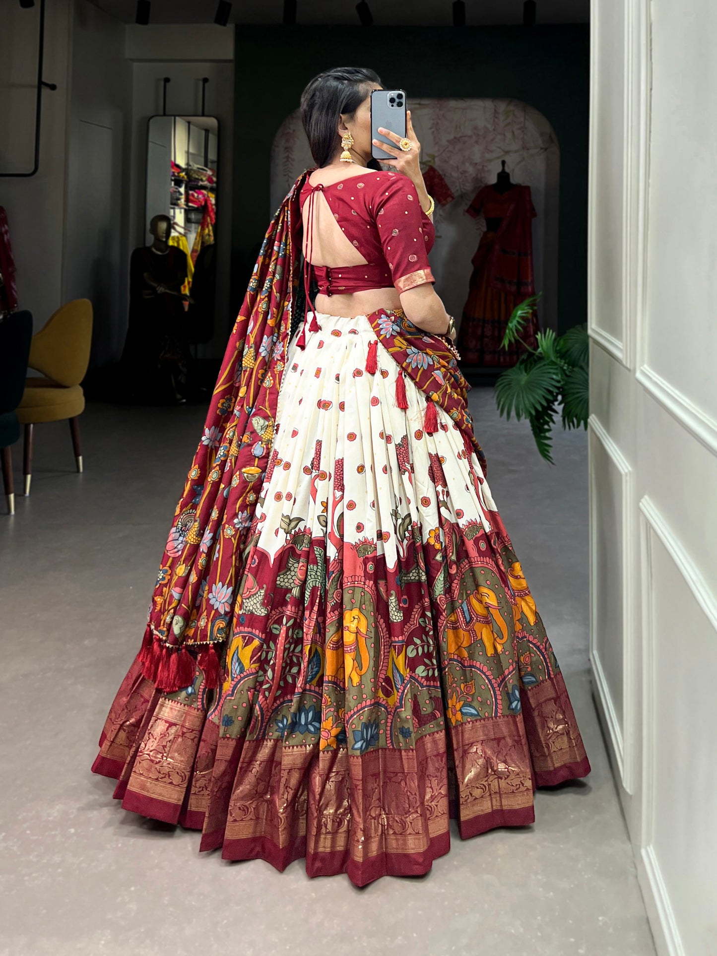 Lorenvalley Off White Tussar Silk Kalamkari Print with Foil Work Border Lehenga Choli with Dupatta | Swadesiicart