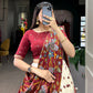 Lorenvalley Off White Tussar Silk Kalamkari Print with Foil Work Border Lehenga Choli with Dupatta | Swadesiicart