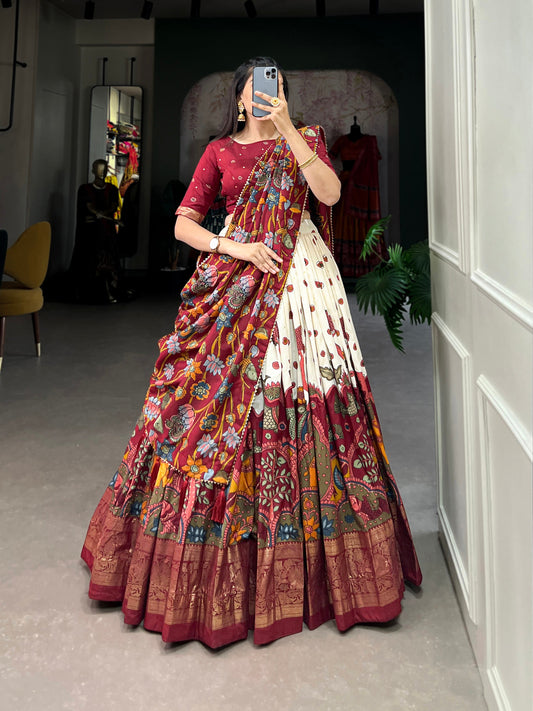 Lorenvalley Off White Tussar Silk Kalamkari Print with Foil Work Border Lehenga Choli with Dupatta | Swadesiicart
