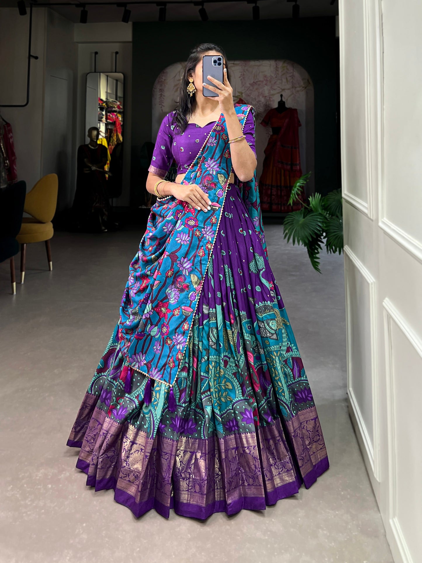 Lorenvalley Purple Tussar Silk Kalamkari Print with Foil Work Border Lehenga Choli with Dupatta | Swadesiicart