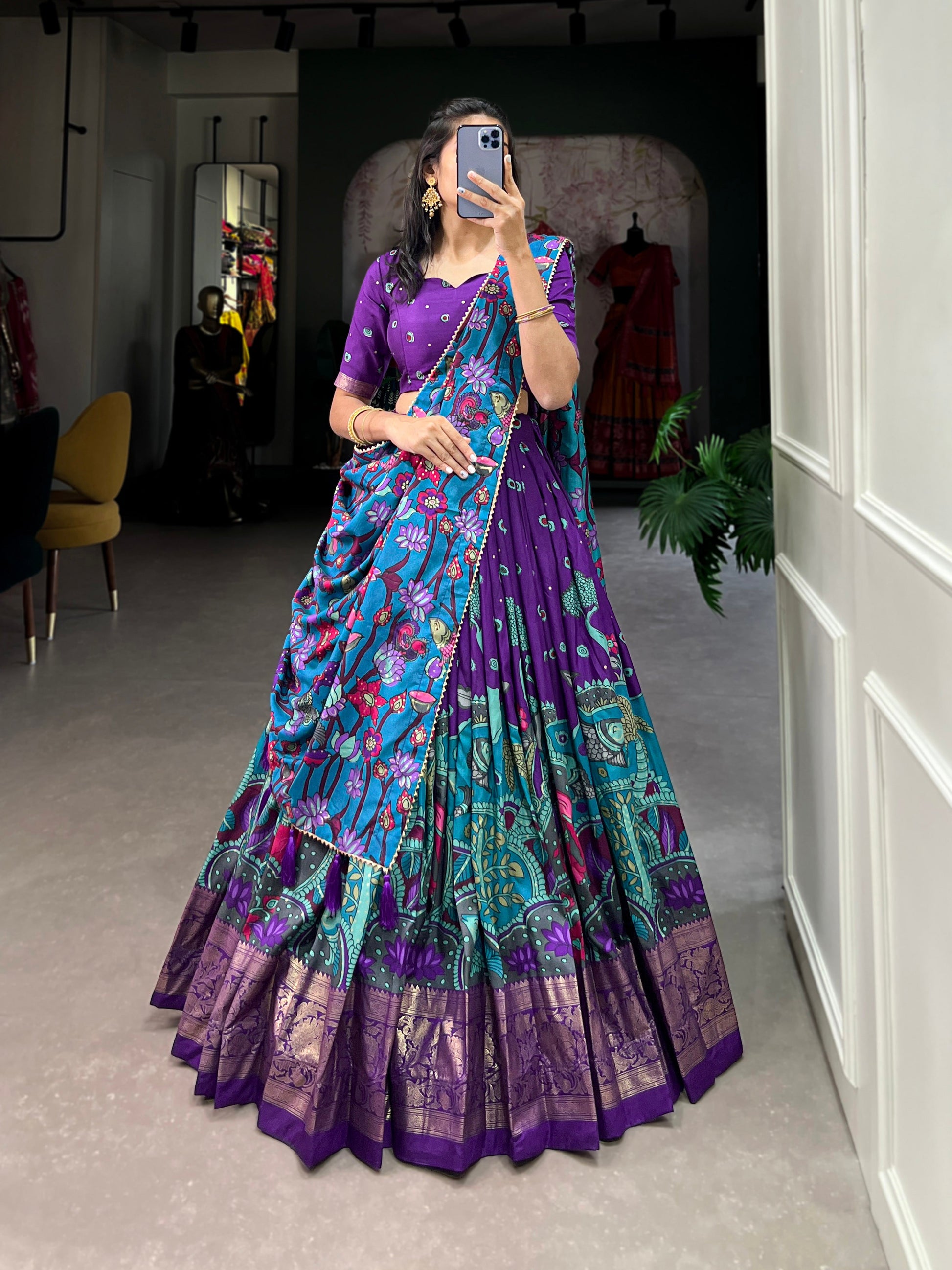 Lorenvalley Purple Tussar Silk Kalamkari Print with Foil Work Border Lehenga Choli with Dupatta | Swadesiicart