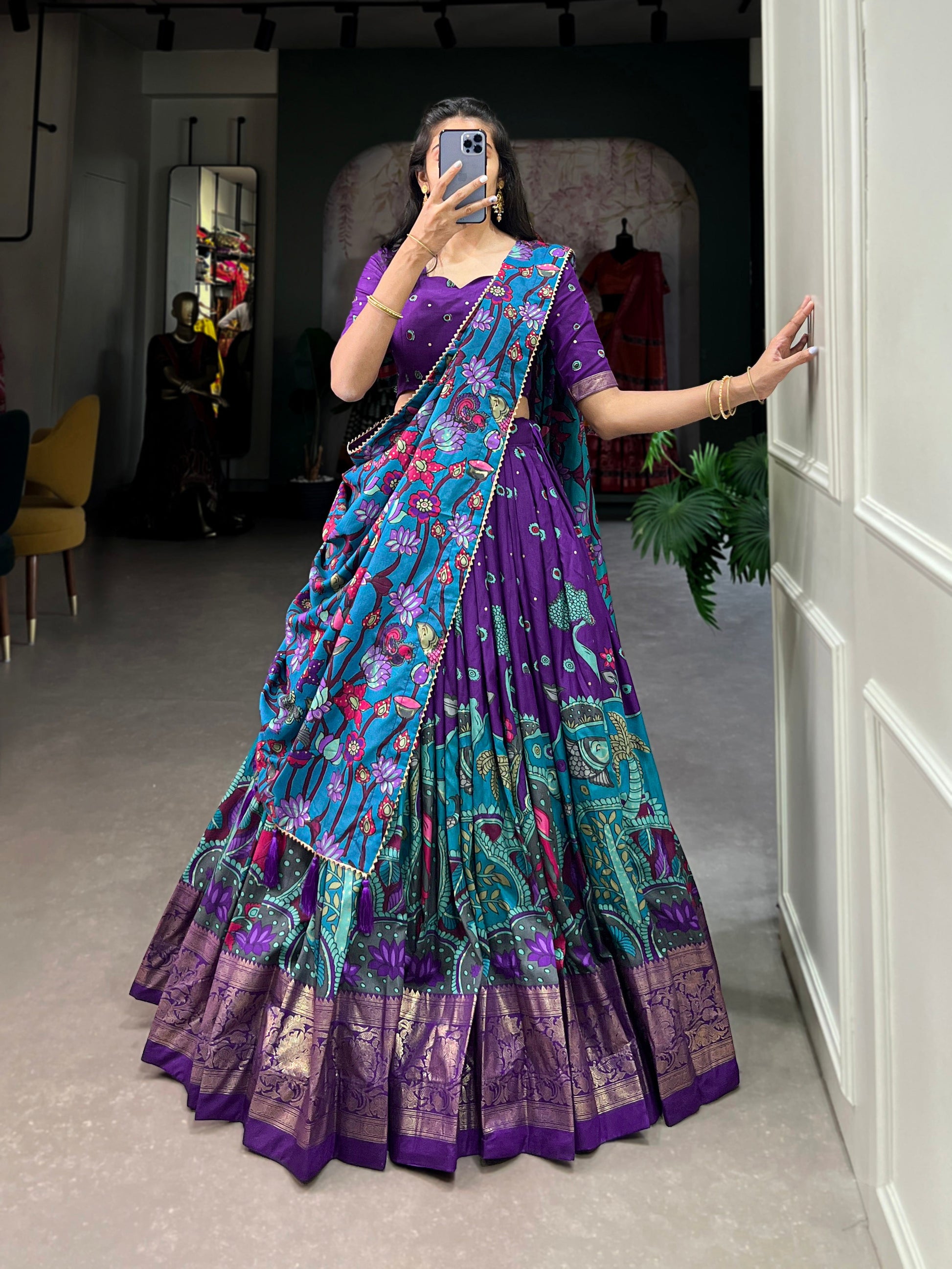 Lorenvalley Purple Tussar Silk Kalamkari Print with Foil Work Border Lehenga Choli with Dupatta | Swadesiicart