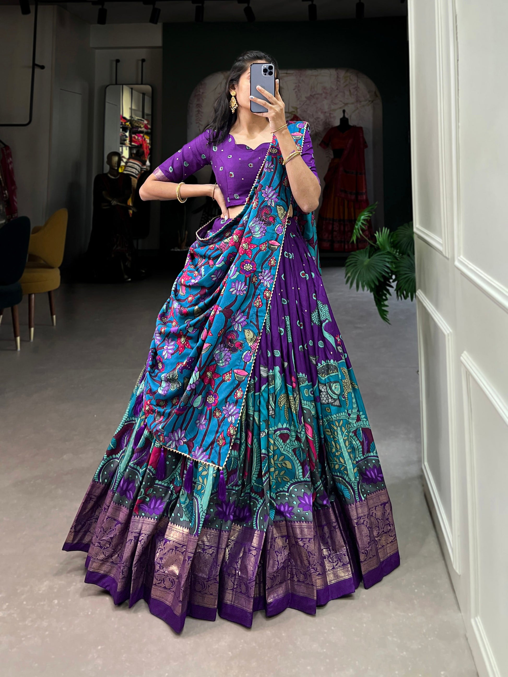 Lorenvalley Purple Tussar Silk Kalamkari Print with Foil Work Border Lehenga Choli with Dupatta | Swadesiicart