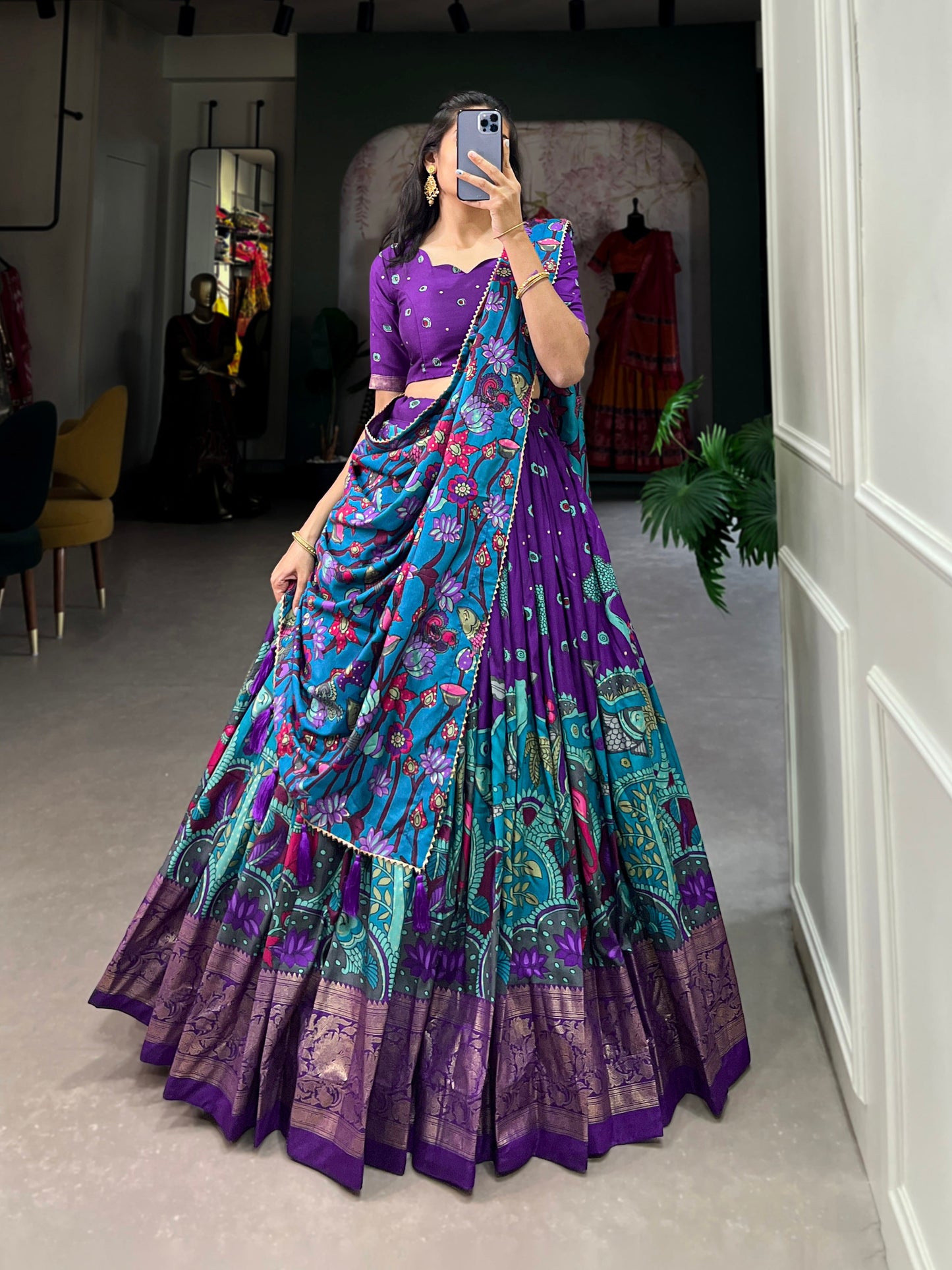 Lorenvalley Purple Tussar Silk Kalamkari Print with Foil Work Border Lehenga Choli with Dupatta | Swadesiicart