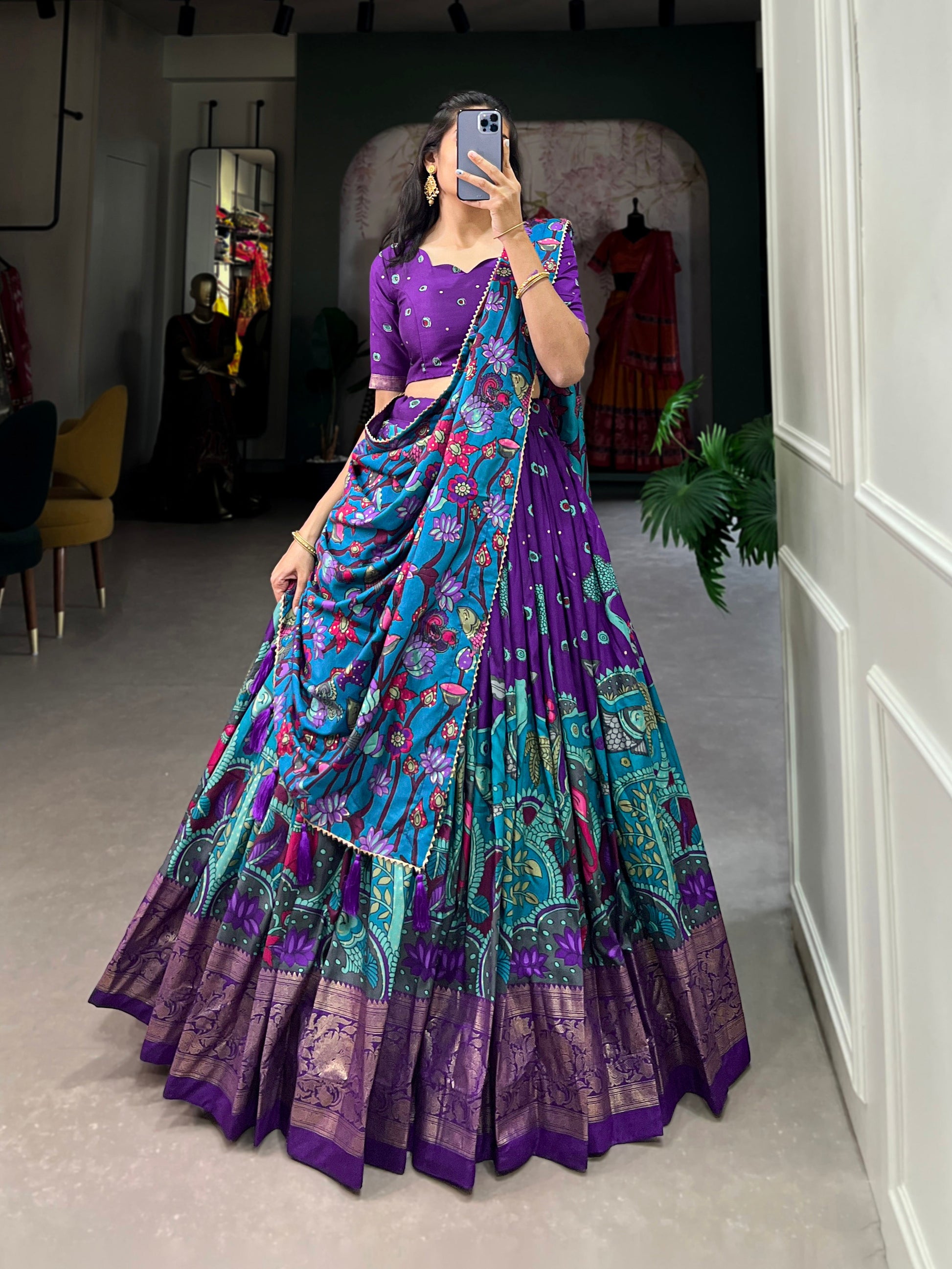 Lorenvalley Purple Tussar Silk Kalamkari Print with Foil Work Border Lehenga Choli with Dupatta | Swadesiicart