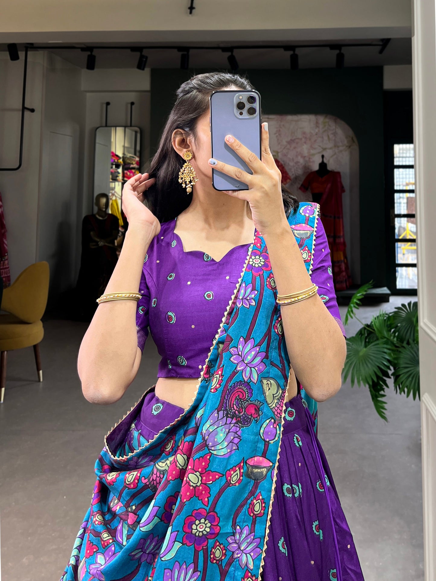 Lorenvalley Purple Tussar Silk Kalamkari Print with Foil Work Border Lehenga Choli with Dupatta | Swadesiicart