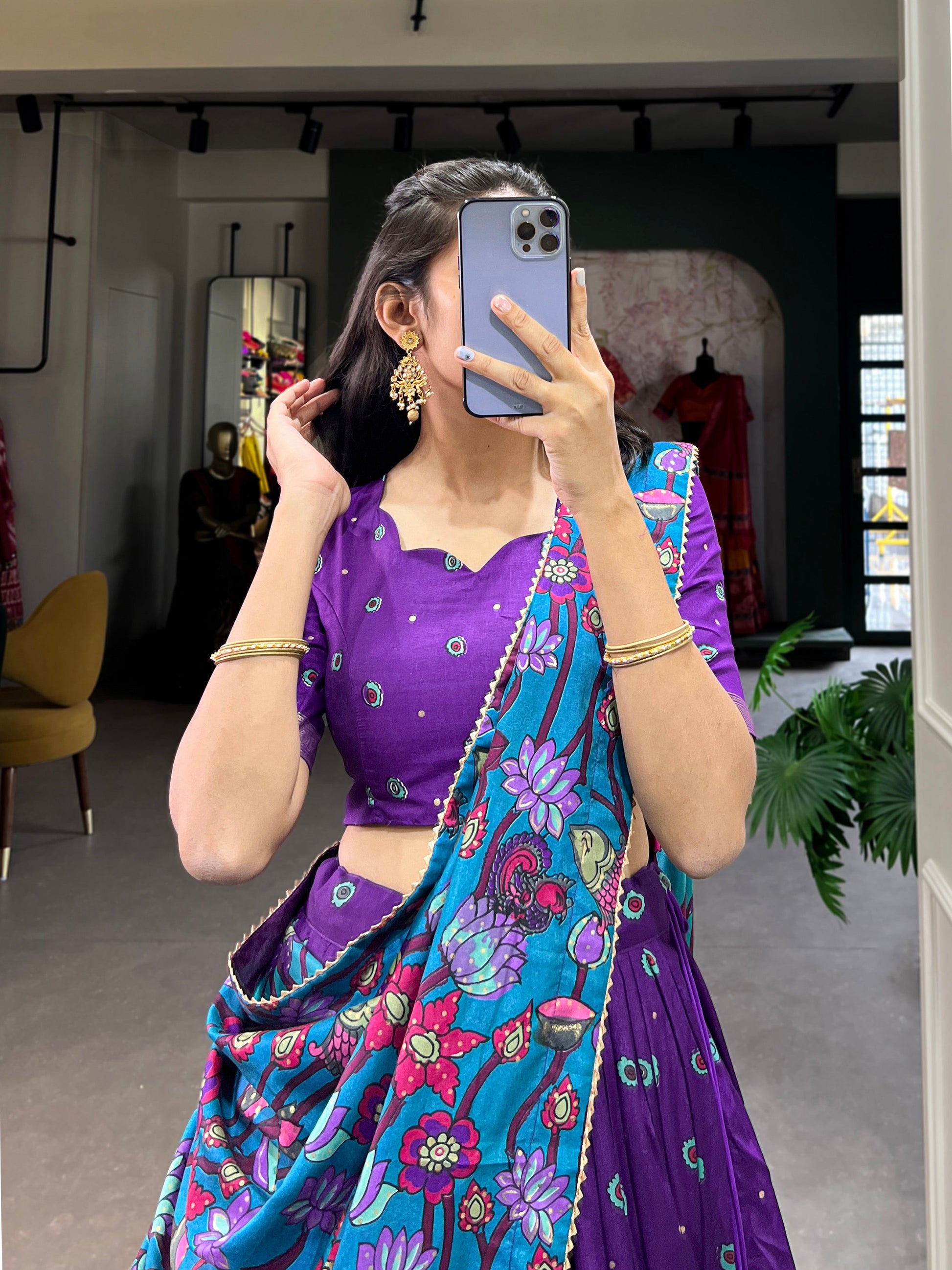 Lorenvalley Purple Tussar Silk Kalamkari Print with Foil Work Border Lehenga Choli with Dupatta | Swadesiicart