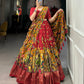Lorenvalley Red Tussar Silk Kalamkari Print with Foil Work Border Lehenga Choli with Dupatta | Swadesiicart