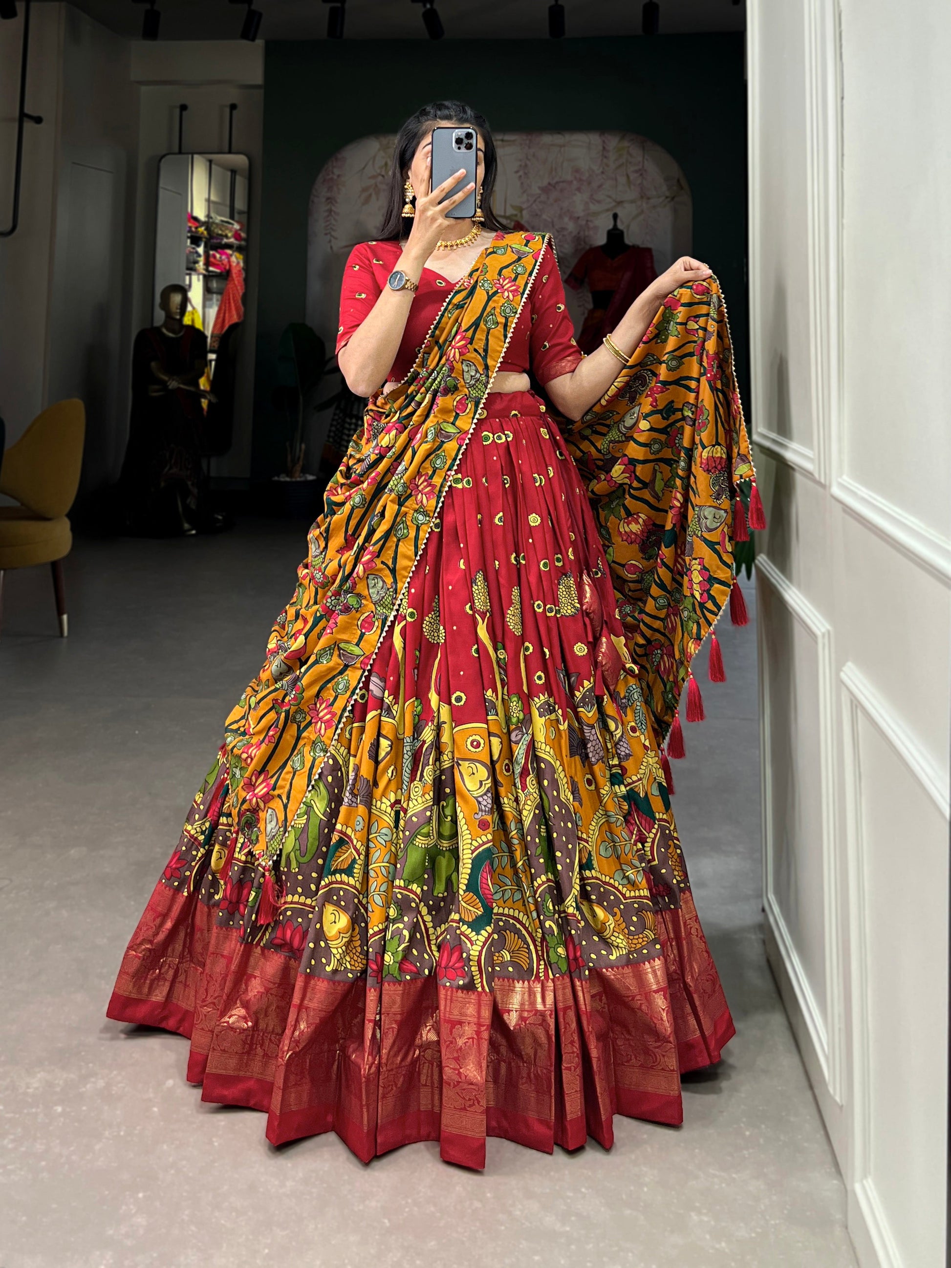 Lorenvalley Red Tussar Silk Kalamkari Print with Foil Work Border Lehenga Choli with Dupatta | Swadesiicart