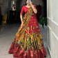 Lorenvalley Red Tussar Silk Kalamkari Print with Foil Work Border Lehenga Choli with Dupatta | Swadesiicart
