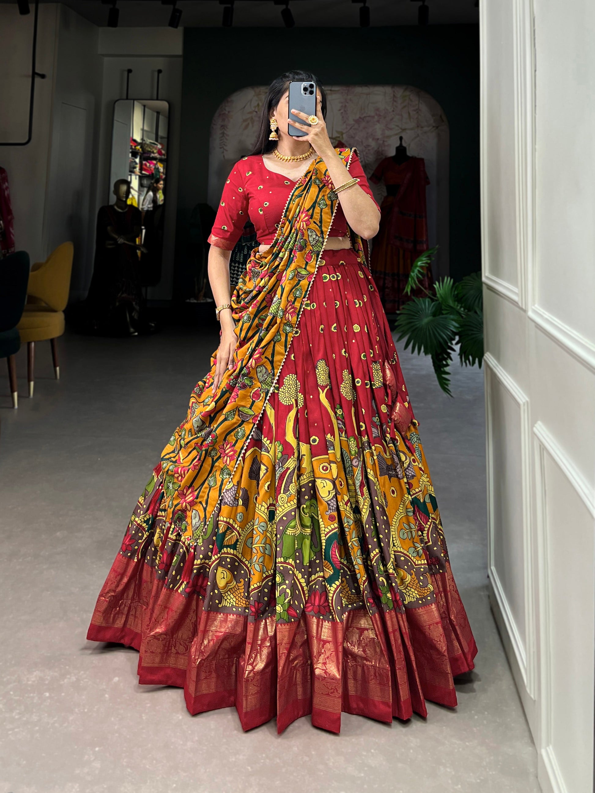 Lorenvalley Red Tussar Silk Kalamkari Print with Foil Work Border Lehenga Choli with Dupatta | Swadesiicart