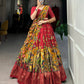 Lorenvalley Red Tussar Silk Kalamkari Print with Foil Work Border Lehenga Choli with Dupatta