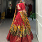 Lorenvalley Red Tussar Silk Kalamkari Print with Foil Work Border Lehenga Choli with Dupatta | Swadesiicart