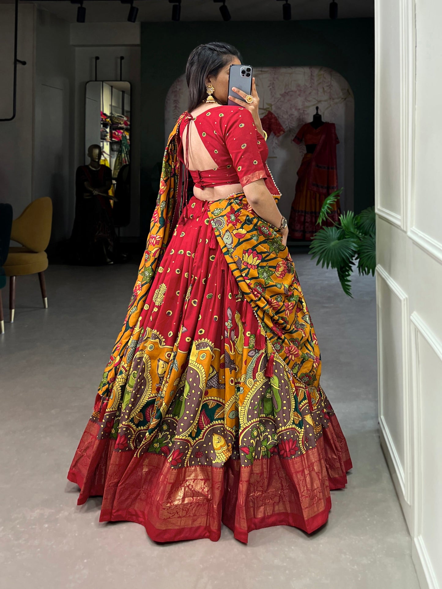 Lorenvalley Red Tussar Silk Kalamkari Print with Foil Work Border Lehenga Choli with Dupatta | Swadesiicart