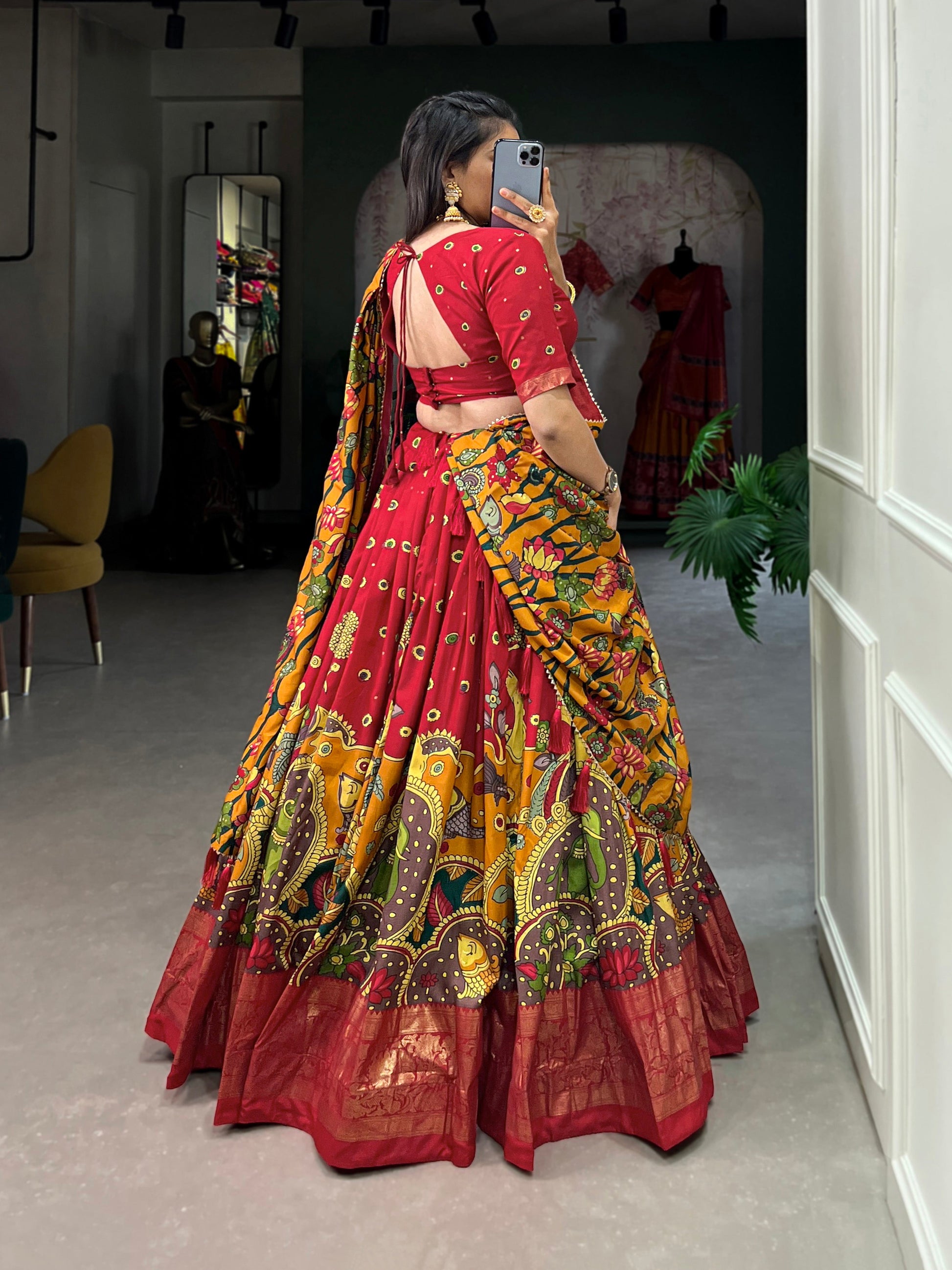 Lorenvalley Red Tussar Silk Kalamkari Print with Foil Work Border Lehenga Choli with Dupatta | Swadesiicart