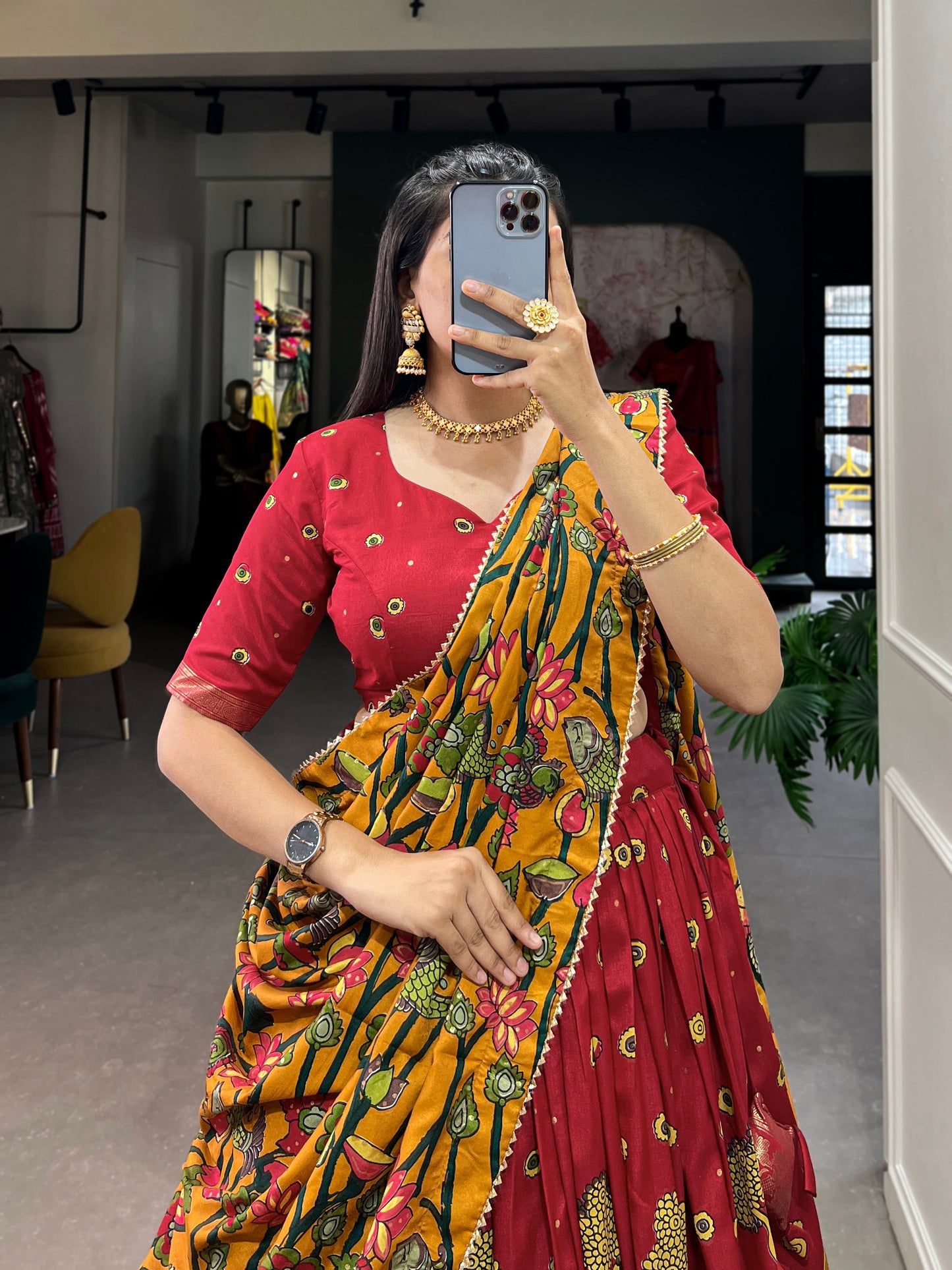 Lorenvalley Red Tussar Silk Kalamkari Print with Foil Work Border Lehenga Choli with Dupatta | Swadesiicart
