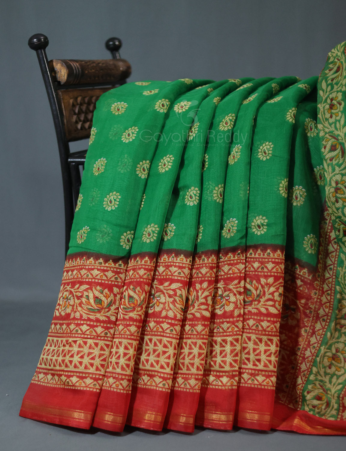 Shades of Leaf Green Floral Print Semi Chanderi Saree By Gayathri Reddy Designer Studio | Swadesiicart