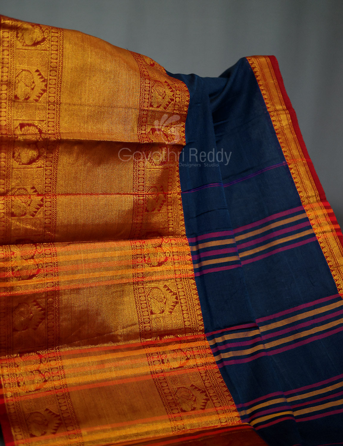 Kalanetha Peacock Blue With Zari Kanchi Style Pure Narayanpet Cotton Saree By Gayathri Reddy Designer Studio | Swadesiicart