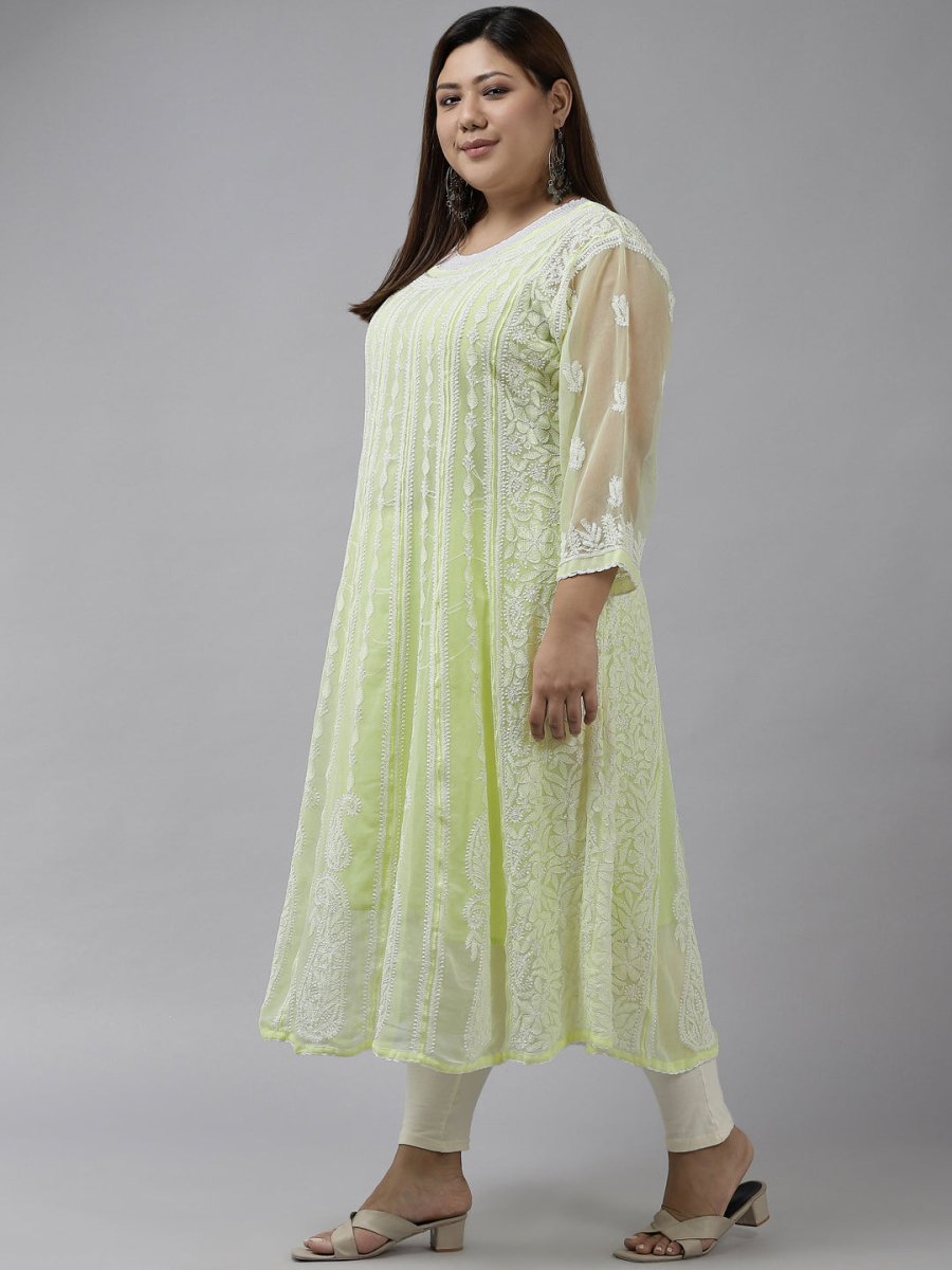 ADA Women Lime Green & White Ethnic Motifs Plus Size Chikankari Georgette Anarkali Kurta | Swadesiicart