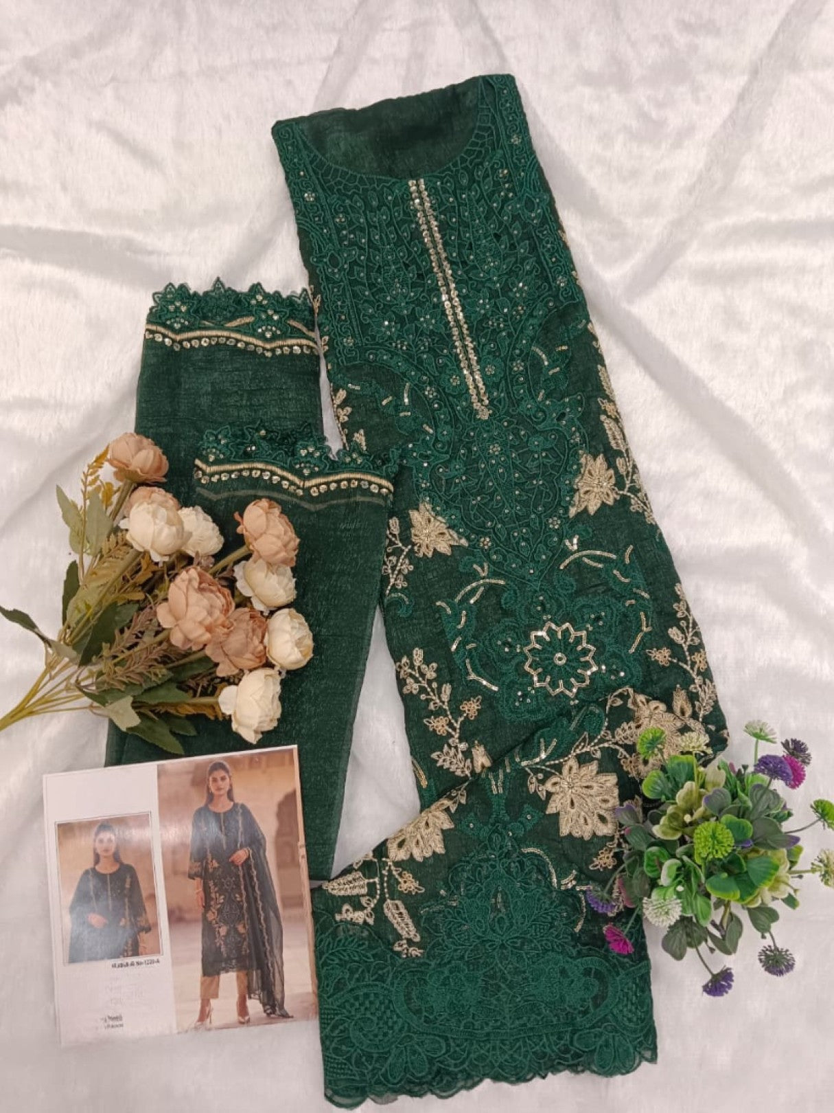 Anaita D Green Silk Suit With Embroidery & Sequence Work