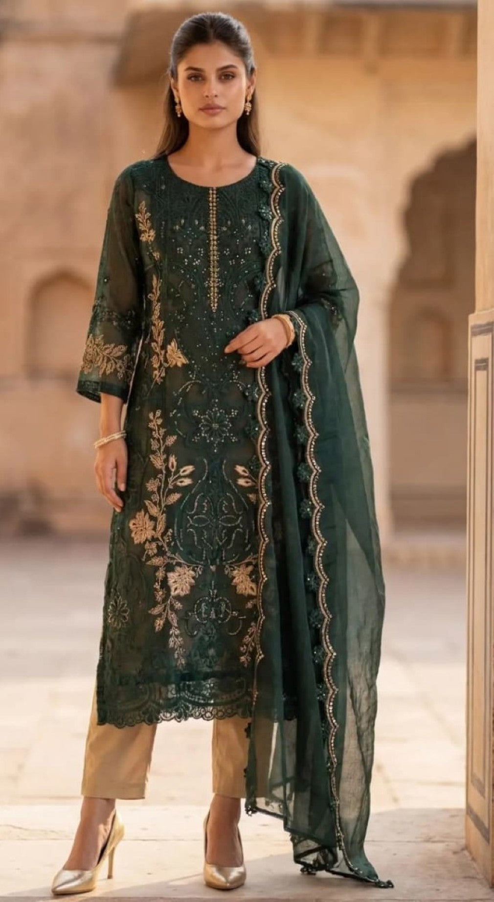 Anaita D Green Silk Suit With Embroidery & Sequence Work