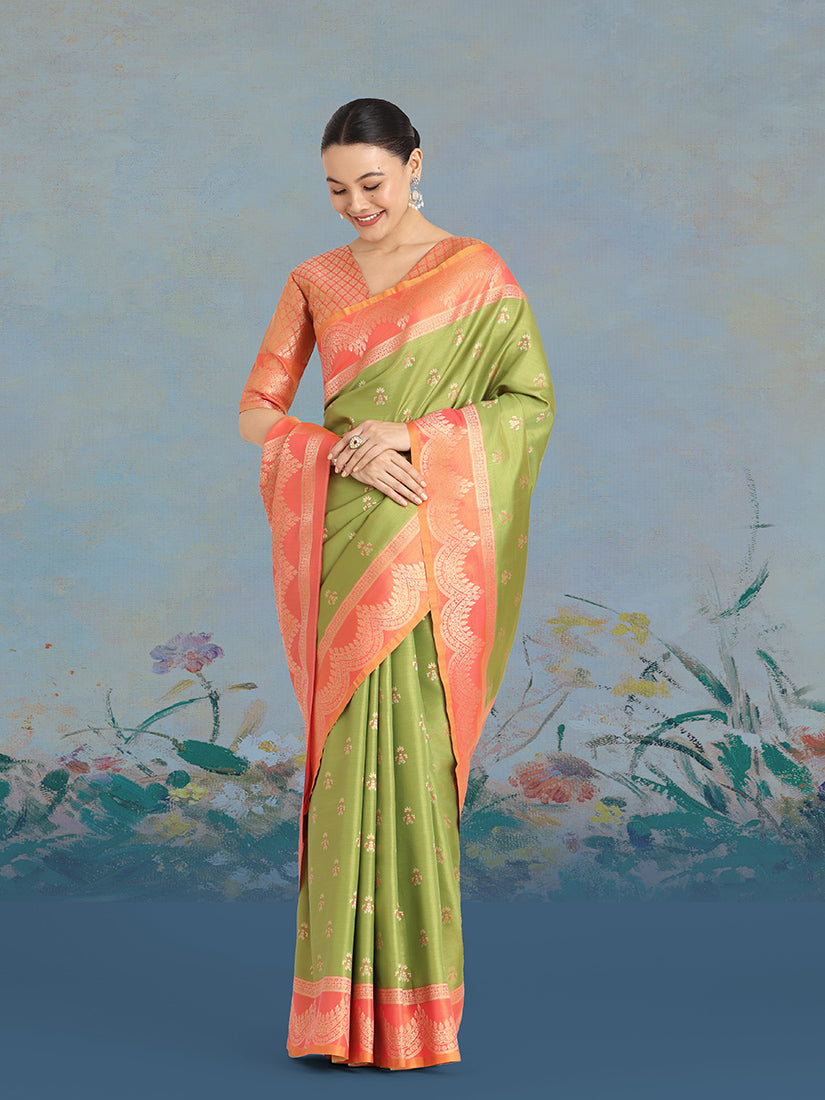 Monjolika Fashion Olive Green Color Weaving Banarasi Tissue Silk Classic Saree | Swadesiicart