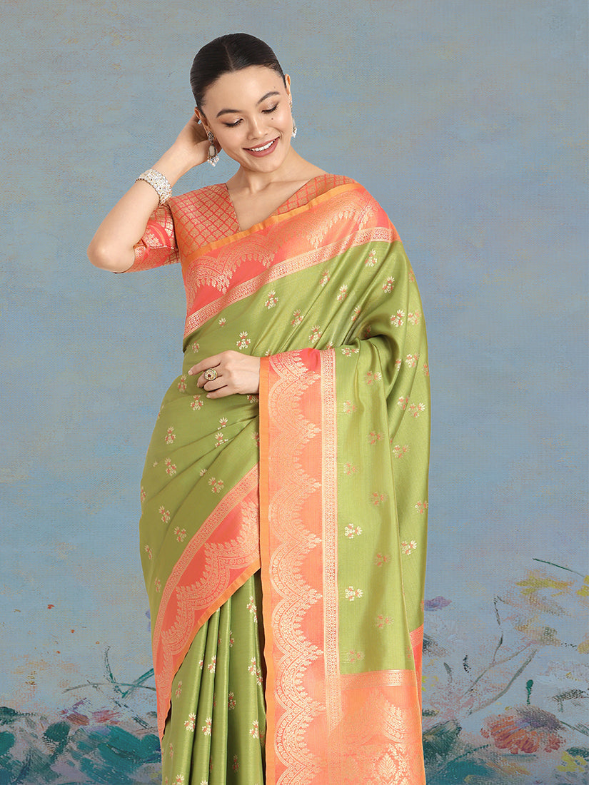 Monjolika Fashion Olive Green Color Weaving Banarasi Tissue Silk Classic Saree | Swadesiicart