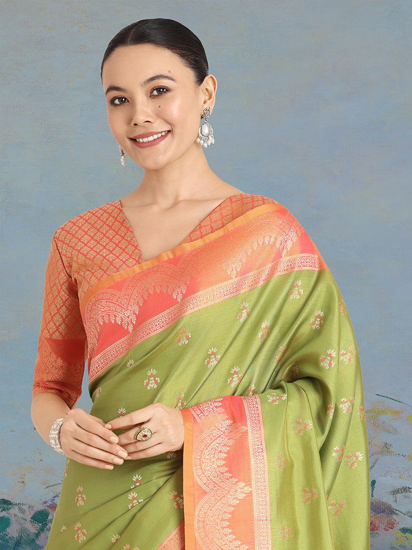 Monjolika Fashion Olive Green Color Weaving Banarasi Tissue Silk Classic Saree | Swadesiicart