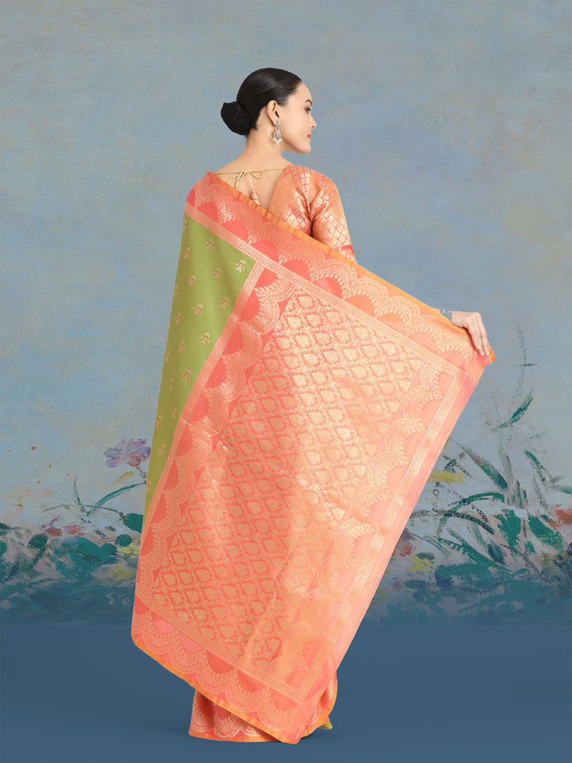 Monjolika Fashion Olive Green Color Weaving Banarasi Tissue Silk Classic Saree | Swadesiicart