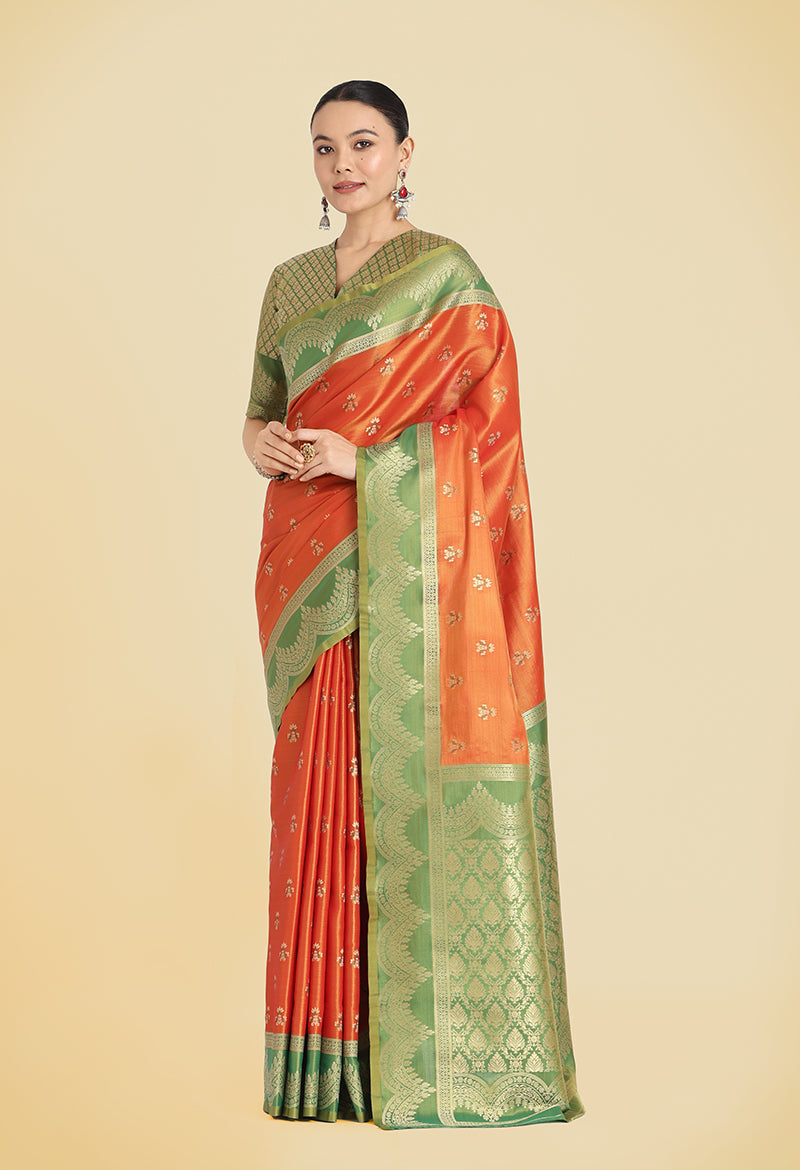 Monjolika Fashion Orange Color Weaving Banarasi Tissue Silk Classic Saree | Swadesiicart