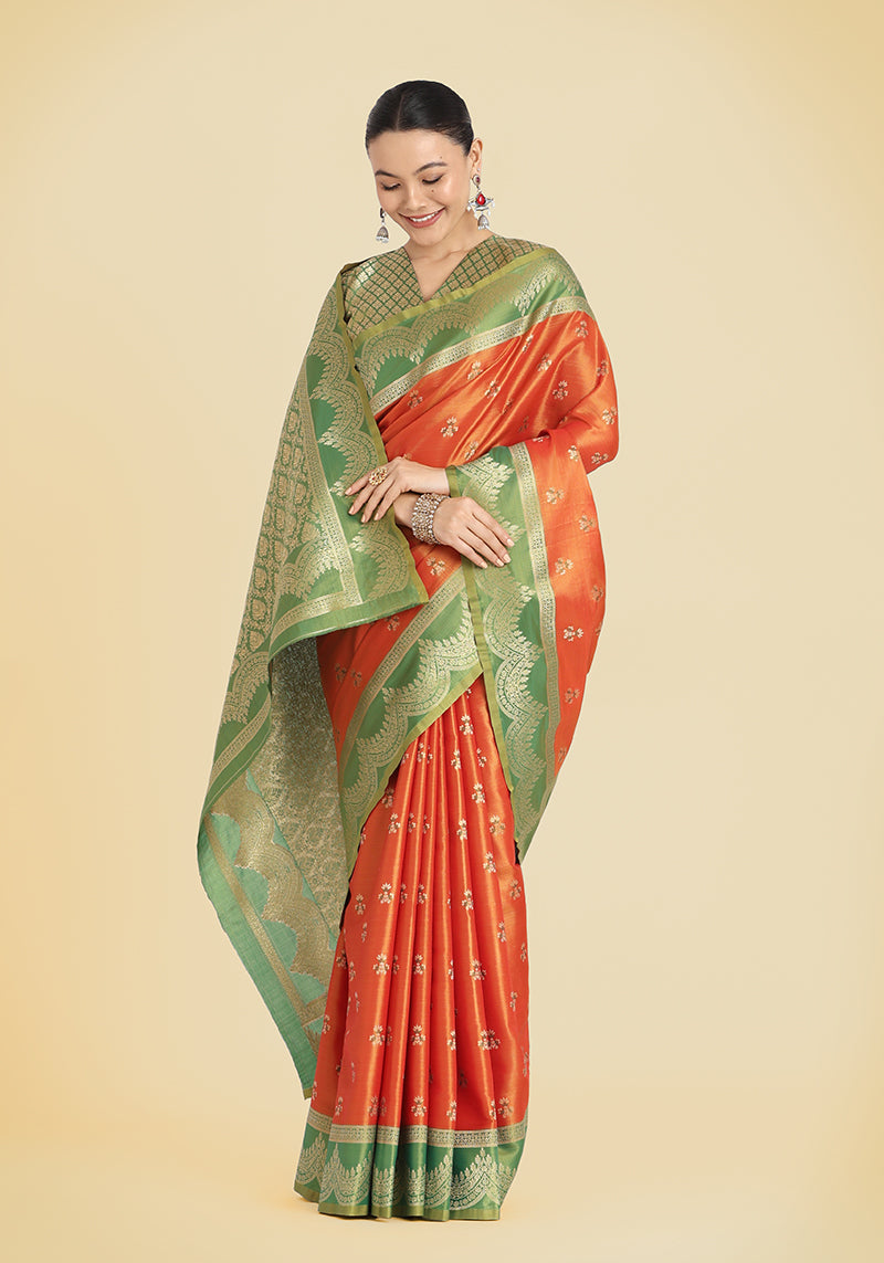 Monjolika Fashion Orange Color Weaving Banarasi Tissue Silk Classic Saree | Swadesiicart