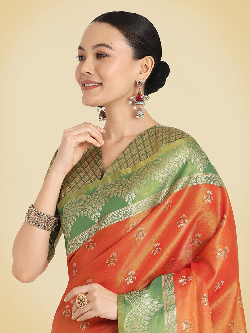 Monjolika Fashion Orange Color Weaving Banarasi Tissue Silk Classic Saree | Swadesiicart