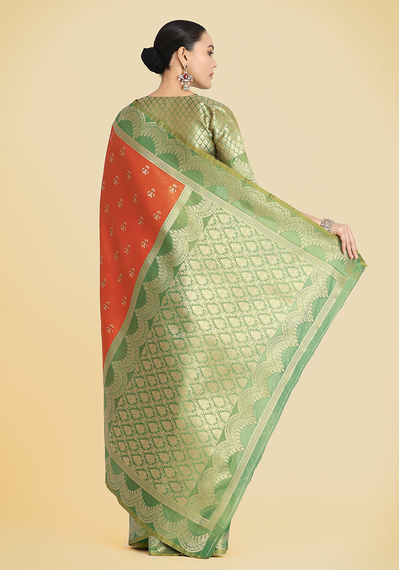 Monjolika Fashion Orange Color Weaving Banarasi Tissue Silk Classic Saree | Swadesiicart