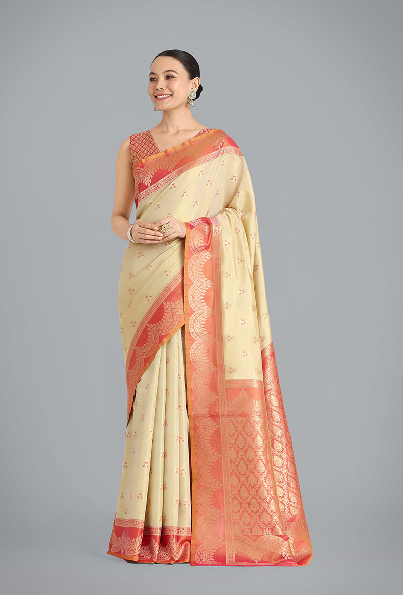 Monjolika Fashion Cream Color Weaving Banarasi Tissue Silk Classic Saree | Swadesiicart