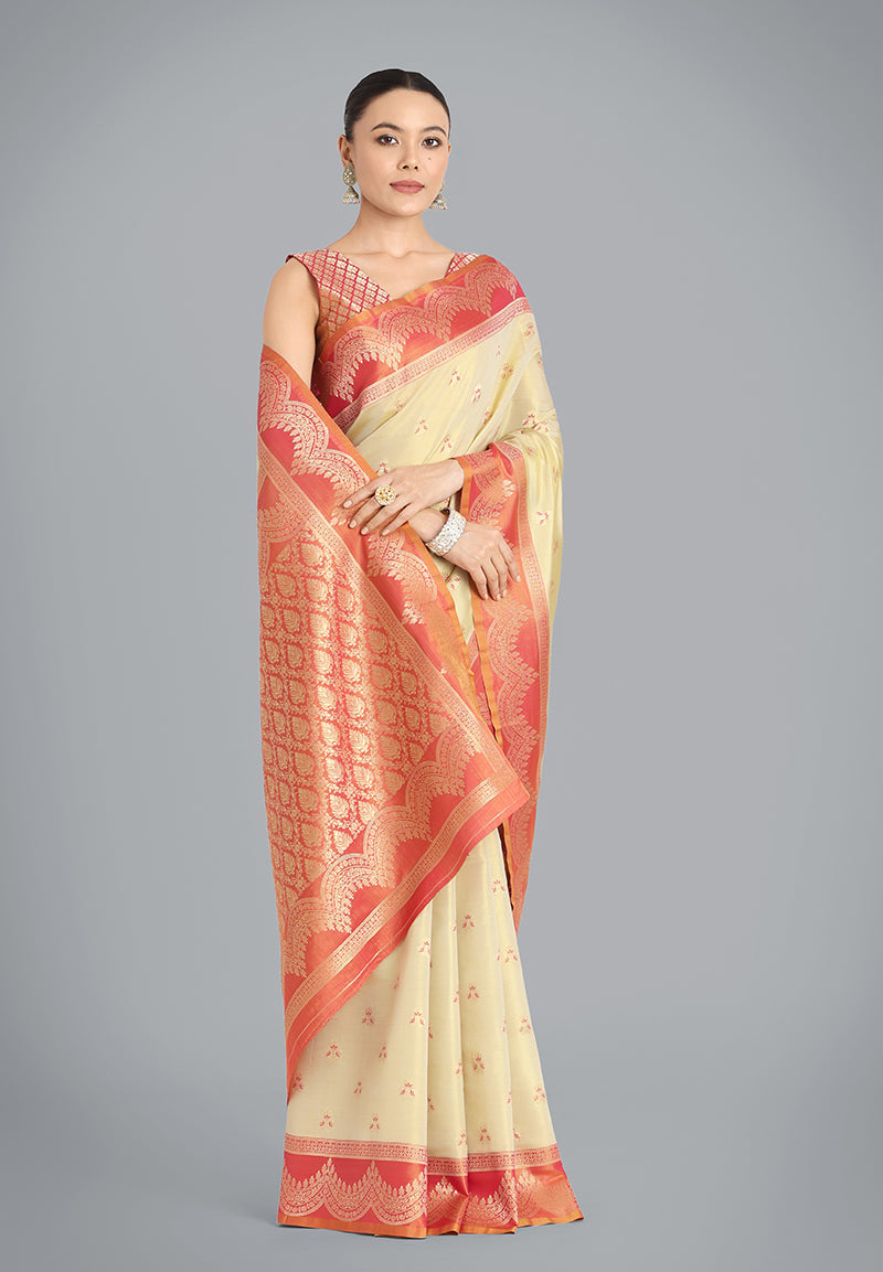Monjolika Fashion Cream Color Weaving Banarasi Tissue Silk Classic Saree | Swadesiicart