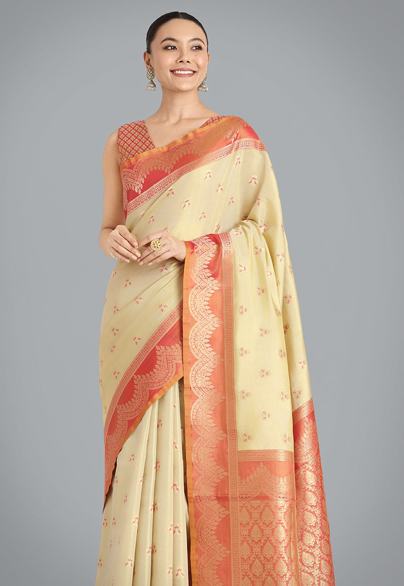 Monjolika Fashion Cream Color Weaving Banarasi Tissue Silk Classic Saree | Swadesiicart