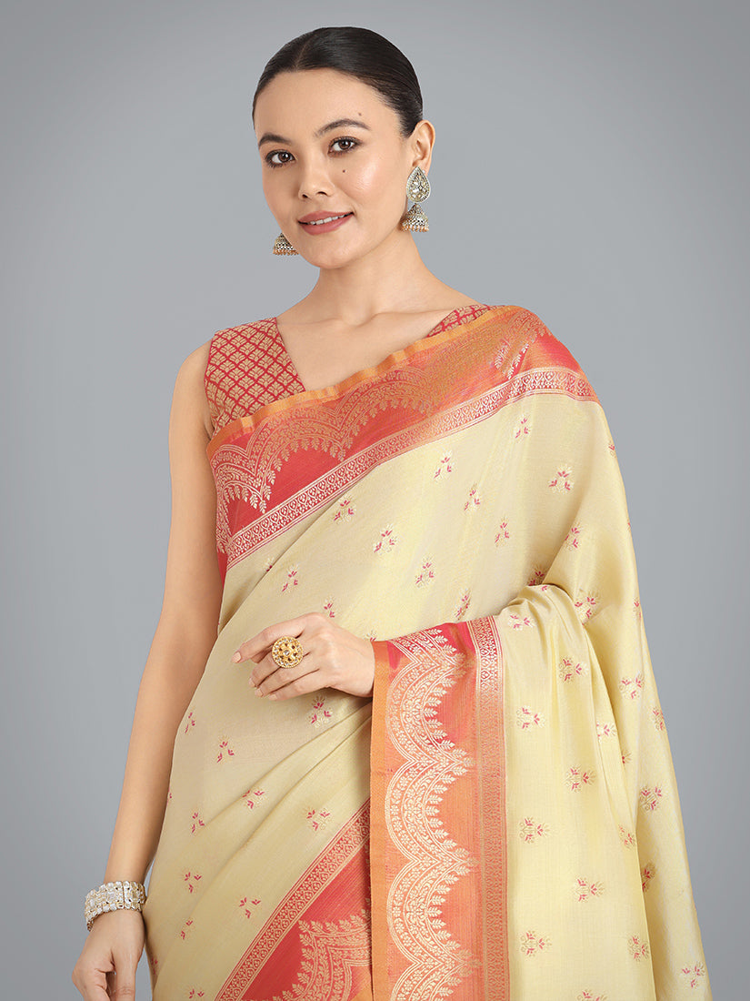 Monjolika Fashion Cream Color Weaving Banarasi Tissue Silk Classic Saree | Swadesiicart