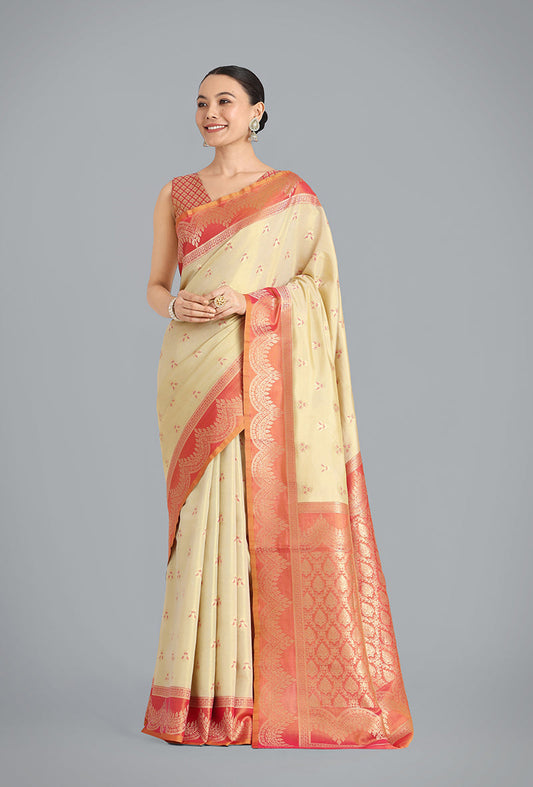 Monjolika Fashion Cream Color Weaving Banarasi Tissue Silk Classic Saree | Swadesiicart