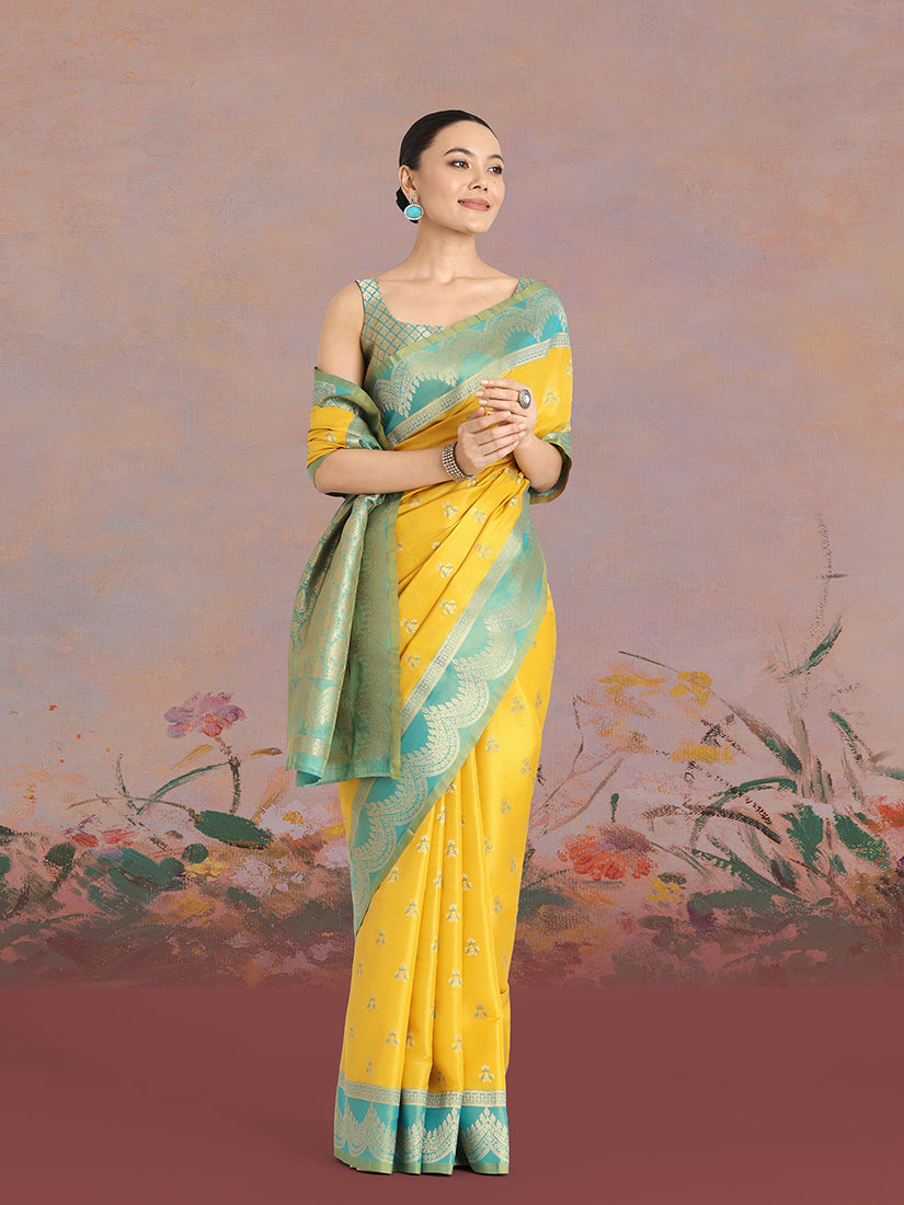 Monjolika Fashion Yellow Color Weaving Banarasi Tissue Silk Classic Saree | Swadesiicart