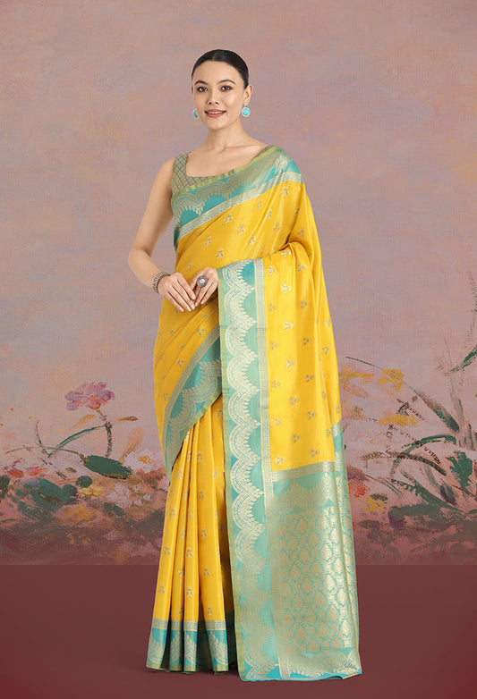 Monjolika Fashion Yellow Color Weaving Banarasi Tissue Silk Classic Saree | Swadesiicart
