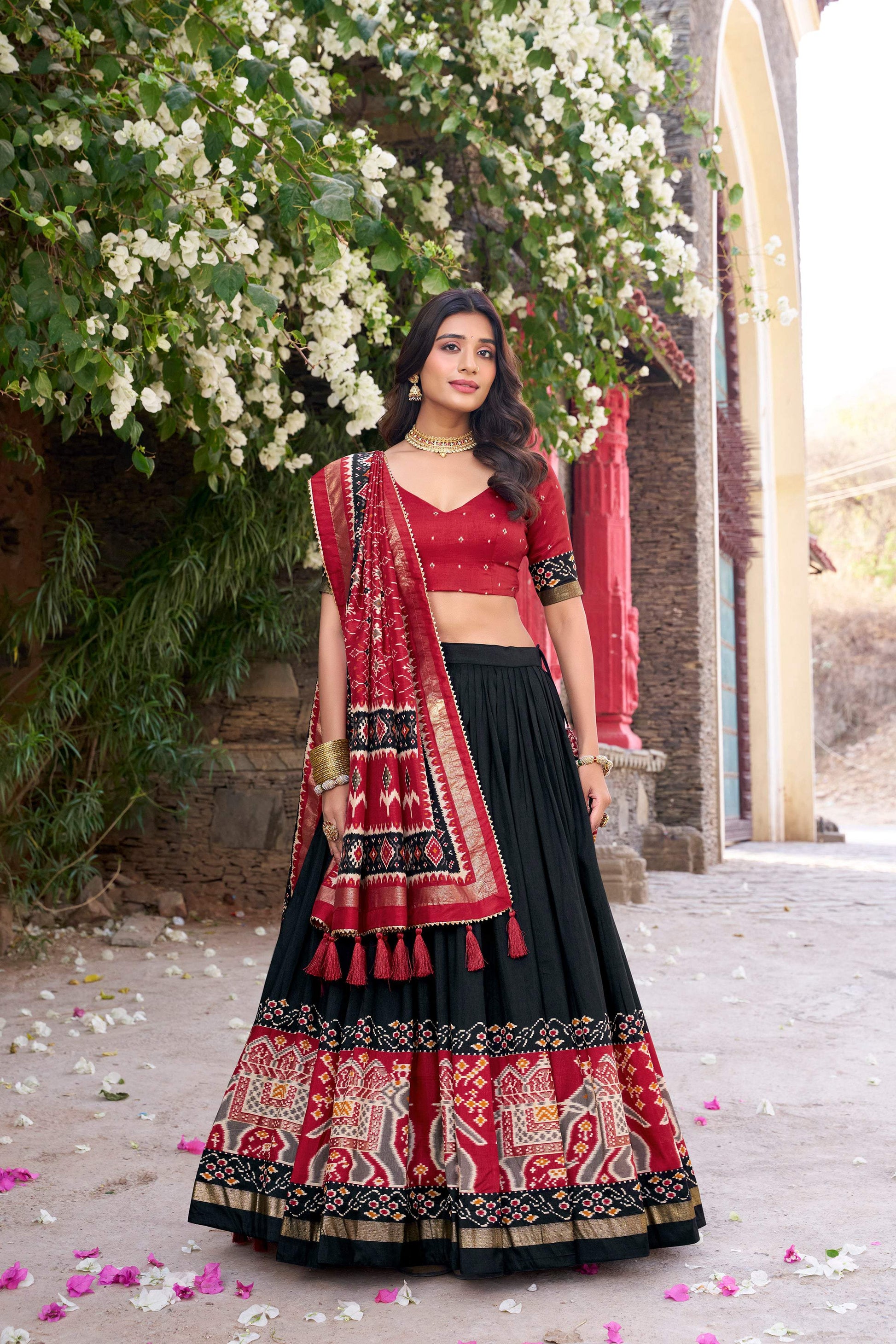 Lorenvalley Fashion Black Tussar Silk Patola Printed With Foil Work Lehenga Choli with Dupatta - Swadesiicart