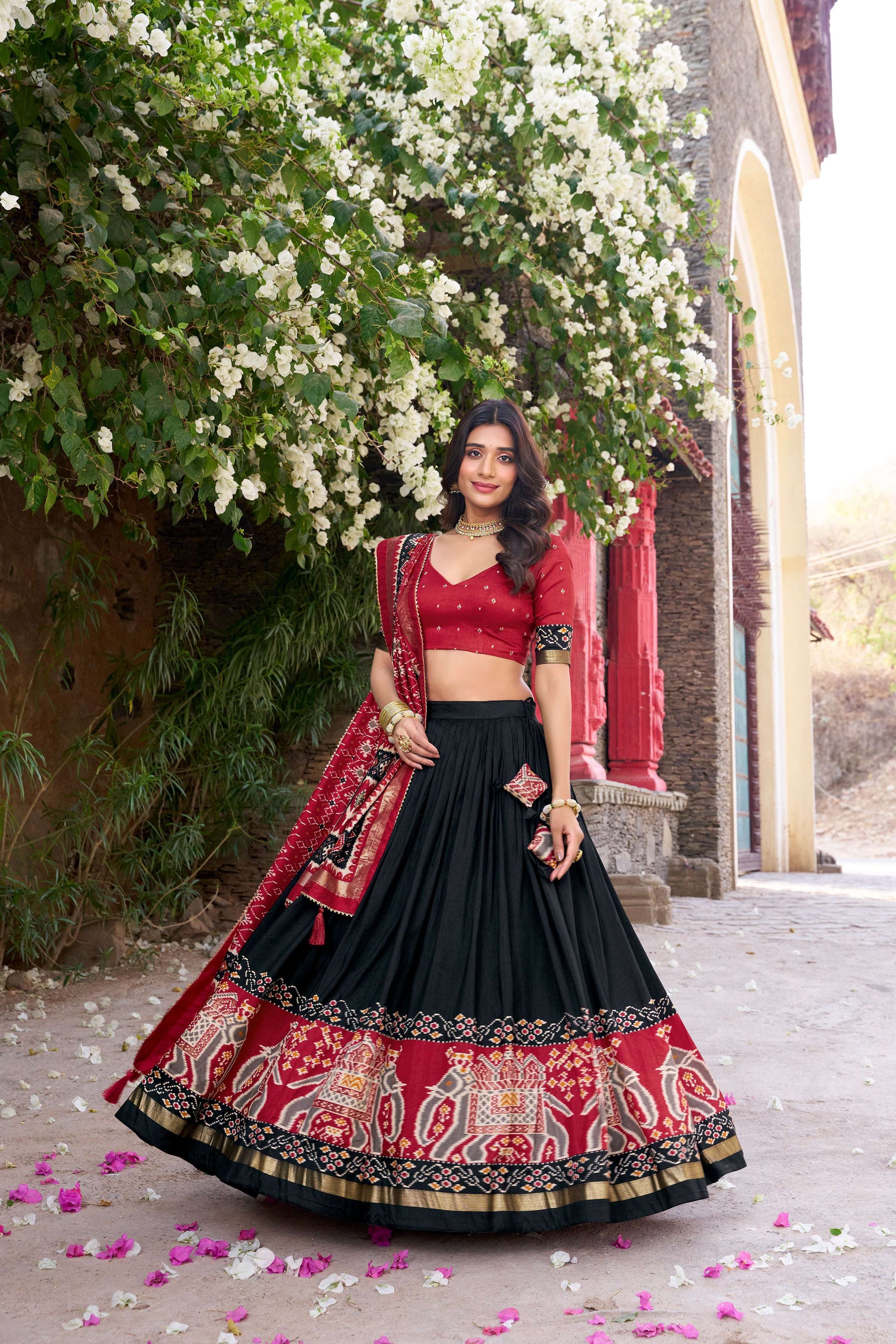 Lorenvalley Fashion Black Tussar Silk Patola Printed With Foil Work Lehenga Choli with Dupatta - Swadesiicart
