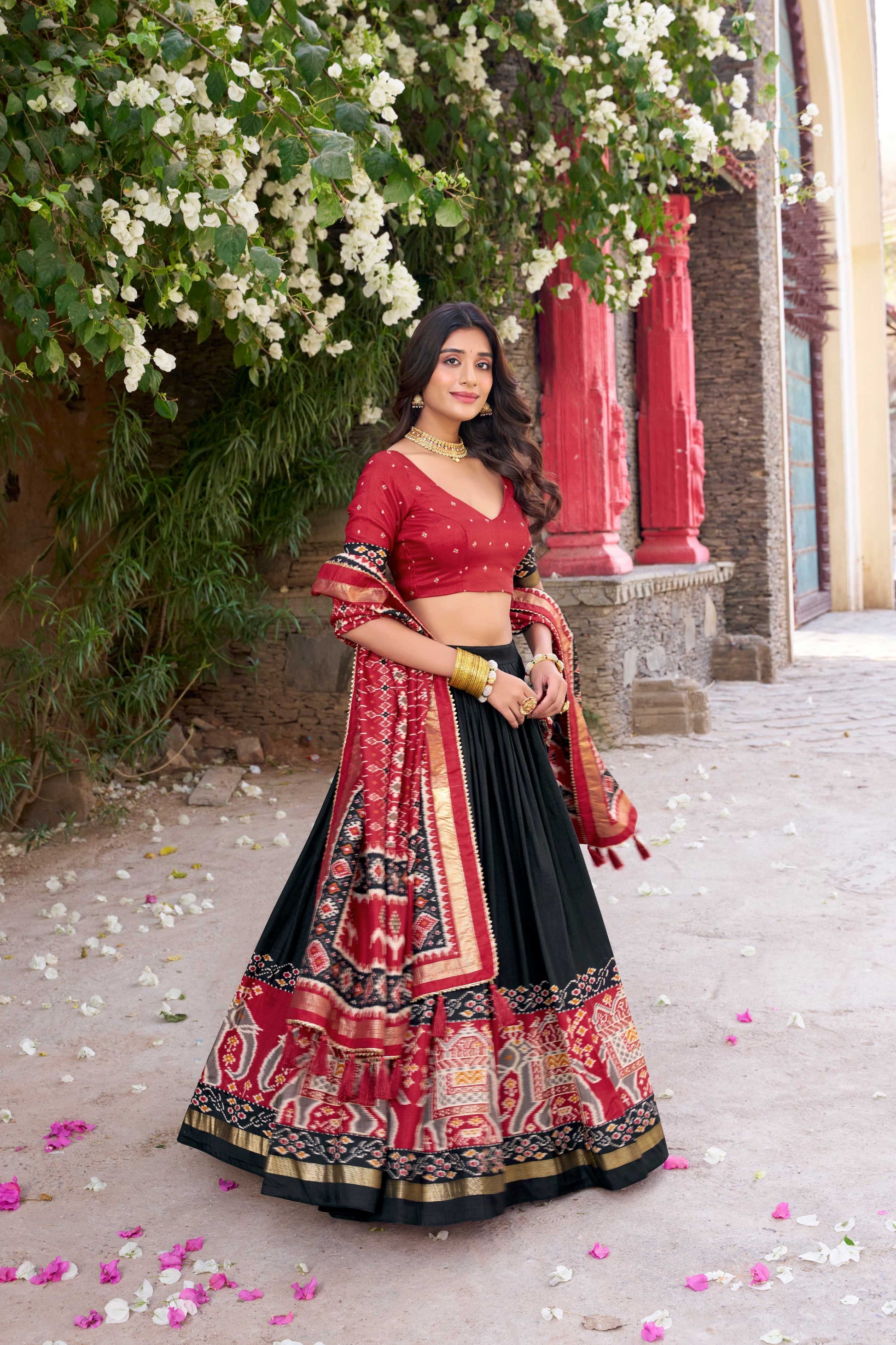 Lorenvalley Fashion Black Tussar Silk Patola Printed With Foil Work Lehenga Choli with Dupatta - Swadesiicart